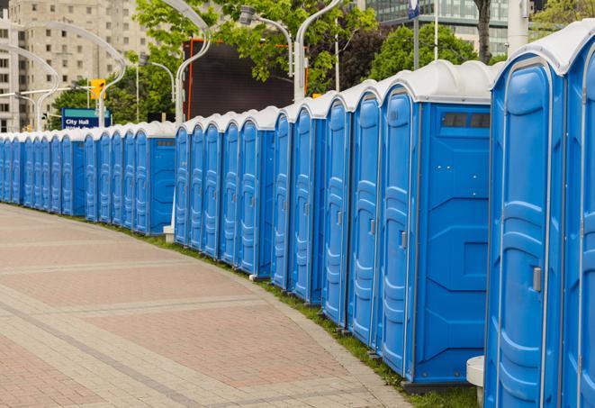 hygienic portable restrooms lined up at a music festival, providing comfort and convenience for attendees in Canton